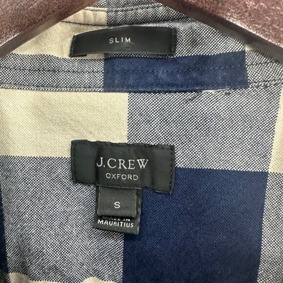 J. Crew Button Up Oxford Shirt Mens Small Slim Fit Blue Tan Buffalo Plaid Rustic - Picture 3 of 5